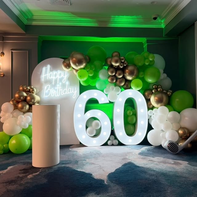 Balloons backdrop lights neon sign plinth