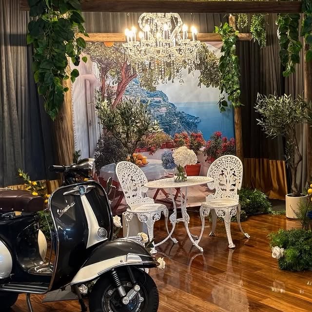Vespa chandelier flowers custom backdrop